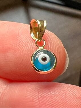 14k Solid Yellow Gold Dainty Mini Blue Glass Evil Eye Necklace Pendant Charm